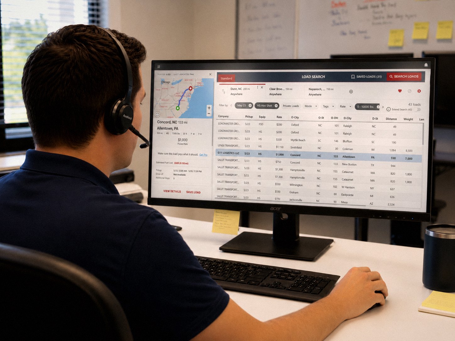 American Tico dispatcher with a headset reviewing the load board