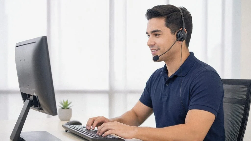 American Tico dispatcher with a headset reviewing the load board