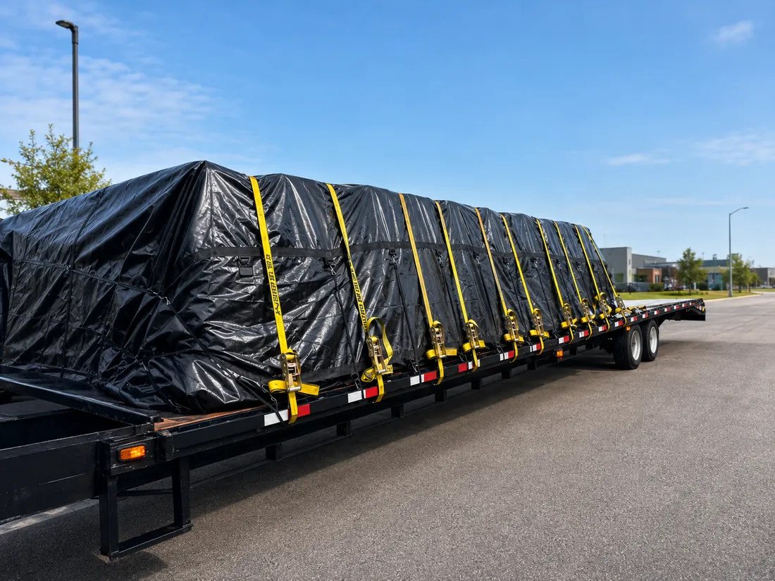 Flatbed load fully tarped and secured with ratchet straps